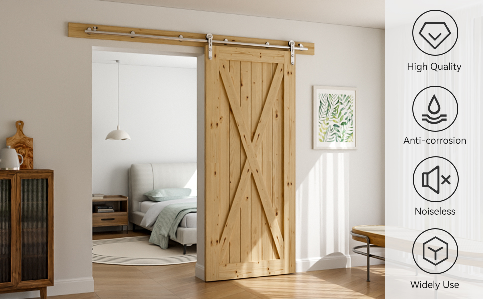 Innenansicht des Zimmers mit Holztüren und Fenstern im Scheunenstil. Sichtbare Symbole, die die verschiedenen im Raum verfügbaren Annehmlichkeiten oder Funktionen anzeigen.