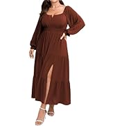 SCOMCHIC Womens Plus Size Formal Dress Fall Long Sleeve Square Neck Flowy A Line Tiered Side Spli...