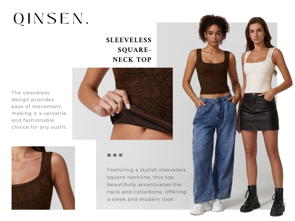 QINSEN Lace Top for Womens Square Neck Slimming Fit Lace