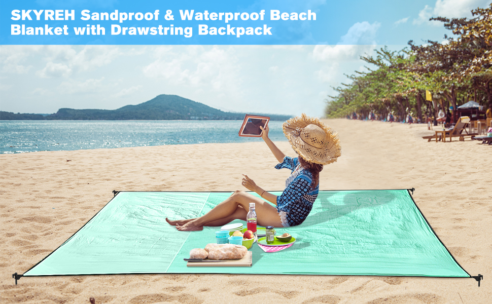 SKYREH Beach Blanket Waterproof Sandproof Large Beach Mat 79" X 87", Quick Drying