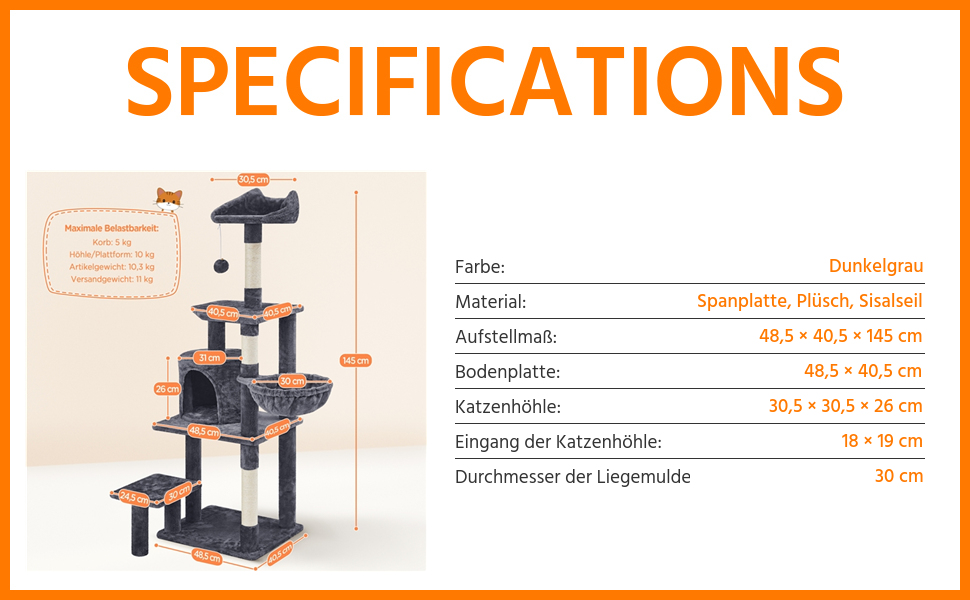 Mehrstufiger Kratzbaum mit Spezifikationen. Die dunkelgraue Struktur verfügt über Plattformen, Kratzbäume und ein Fach. Maße und Materialien aufgeführt, inklusive Plüsch- und Sisalseilelementen.
