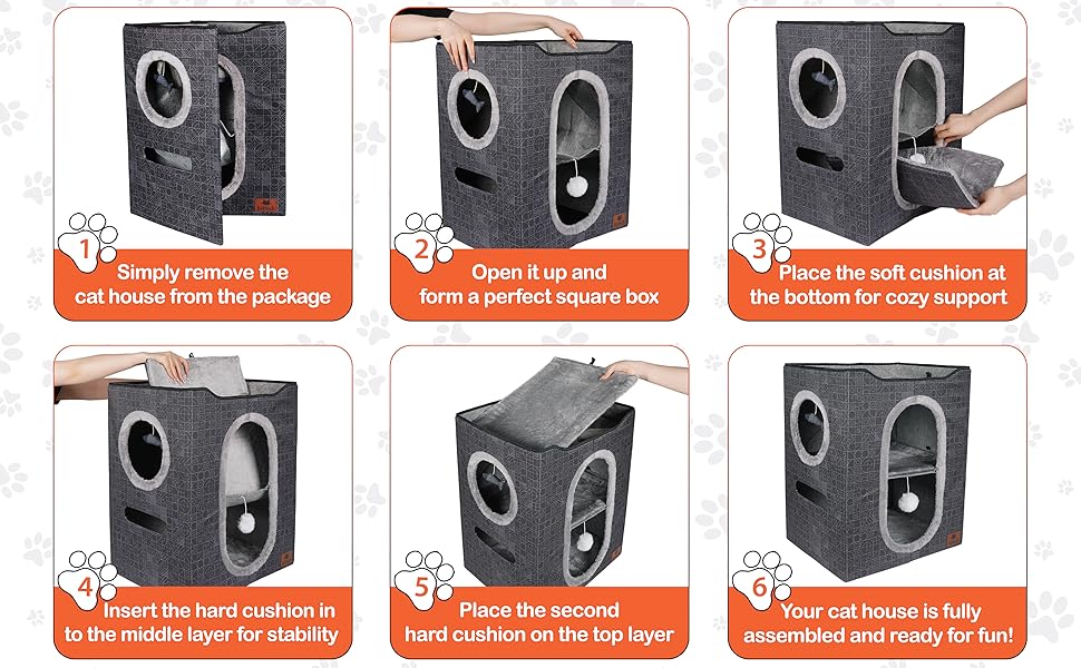 Step-by-step assembly of cat cave house with cushions and layers, easy setup for indoor cats.