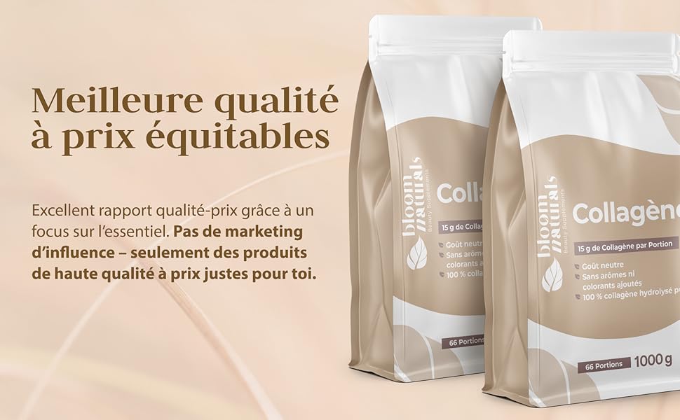 Le texte se lit comme suit : « Meilleure qualité à prix équitables ». Présentoir publicitaire présentant des emballages de produits beige/blanc pour les suppléments de collagène avec texte en français.