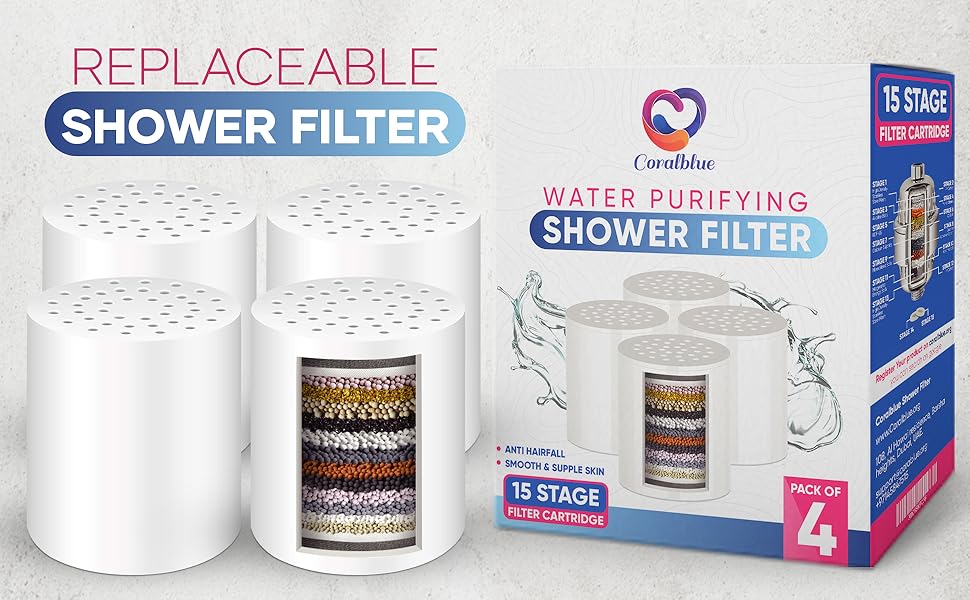 Coralblue 15 Stage Shower Filter Cartridge, Shower Head Filter Hard