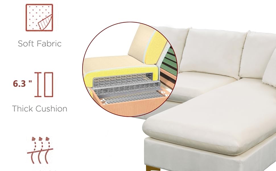 L Shaped Couch, Modular Sectional Sofa with Ottoman and 2 Throw Pillows, Velvet