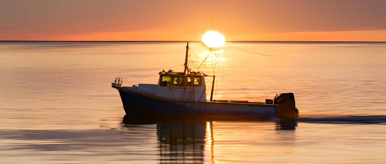 crab boat on the water with sunsetting behind it