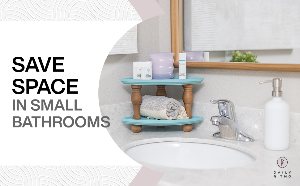 Daily Ritmo aquamarine wood counter corner shelf in small bathroom