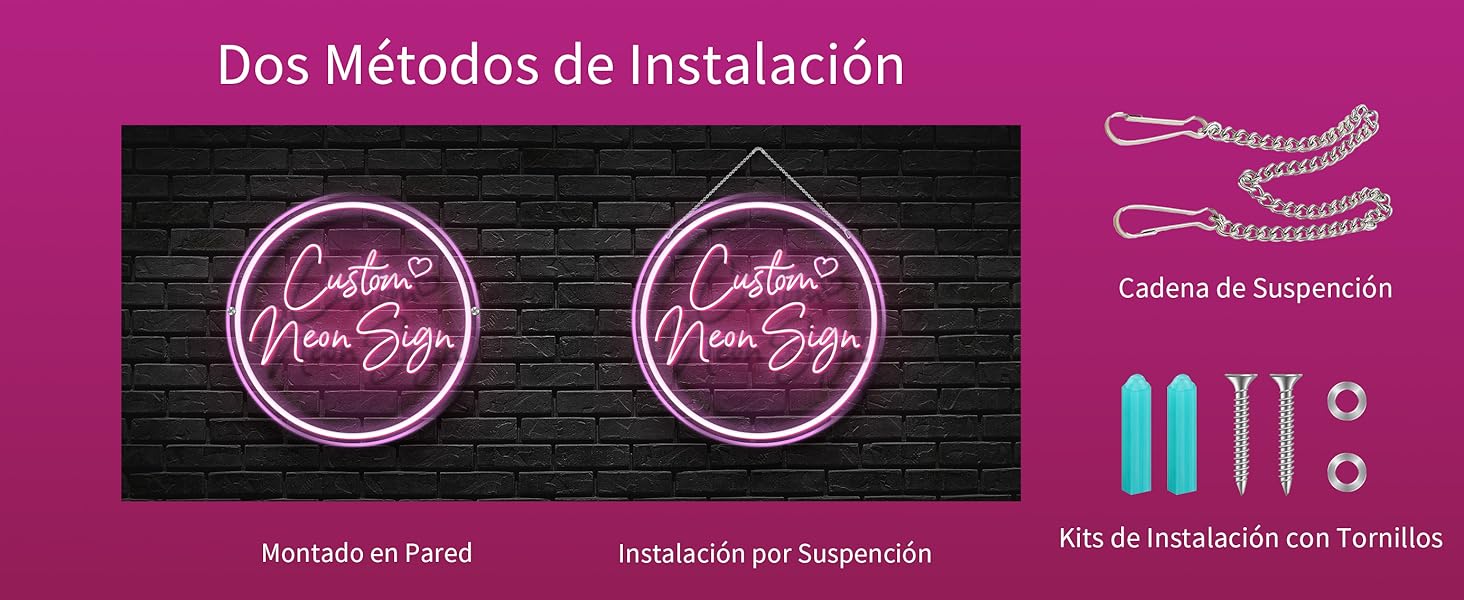 El texto dice: «Dos métodos de instalación». Guía de instalación del producto que muestra los diferentes métodos de configuración e incluye el embalaje del producto en color rosa y elementos instructivos.