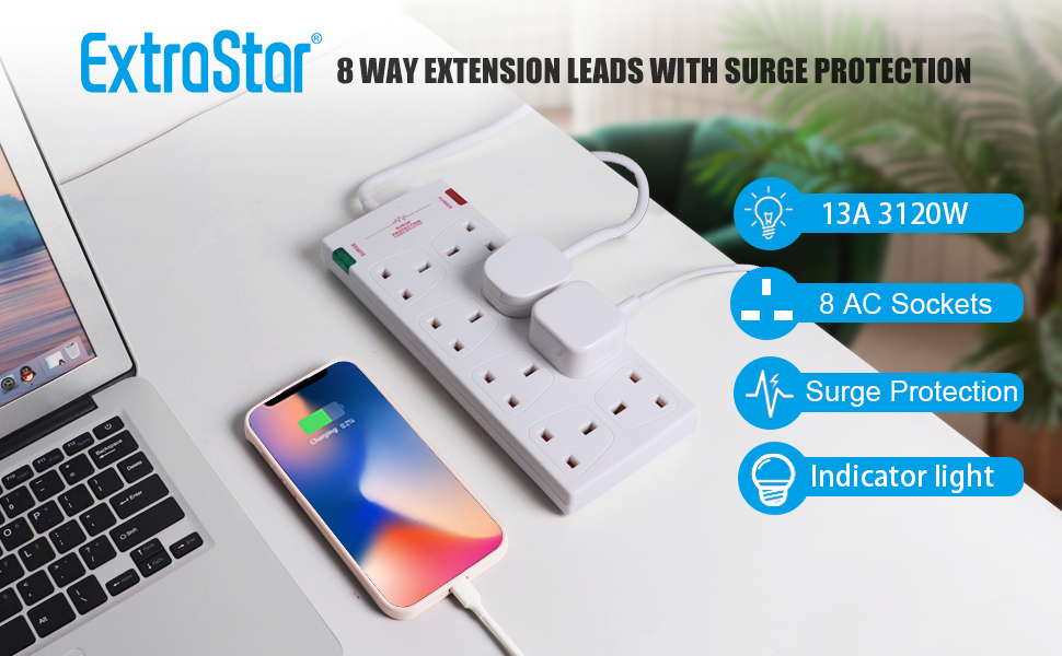 EXTRASTAR 8 Way Extension Leads with Surge Protection, 13A 3120W
