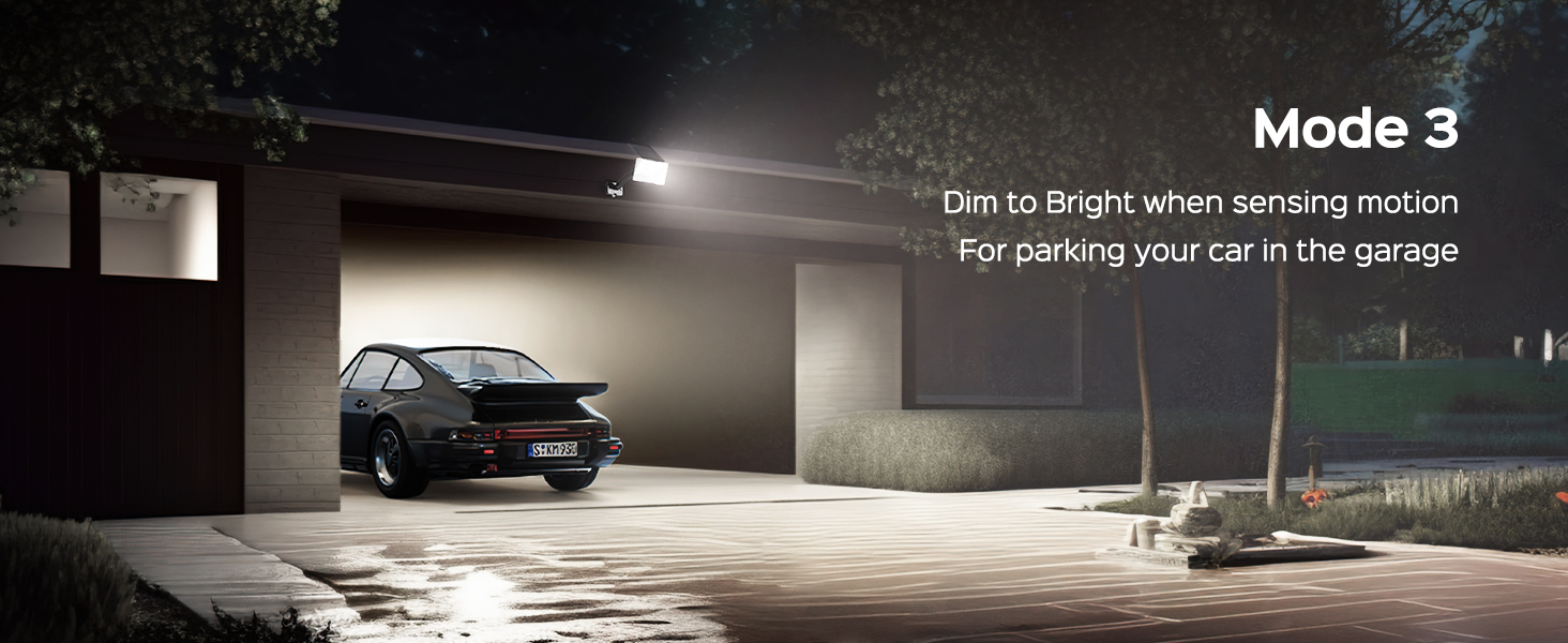 mode 3, dim to bright when sensing motion, for parking your car in the garage