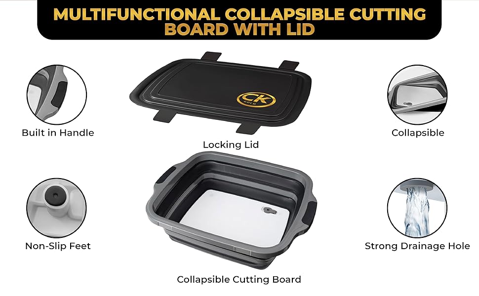 BBQ collapsible strainer with Locking Lid, Non-Slip feet, Collapsable cutting board for camping