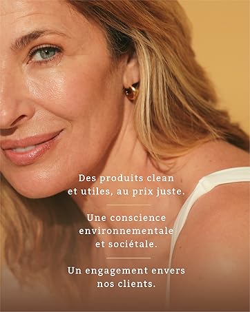 Gros plan d'une femme aux cheveux blonds portant une petite boucle d'oreille. Le texte en français traite des produits propres, des prix équitables et de la conscience environnementale.
