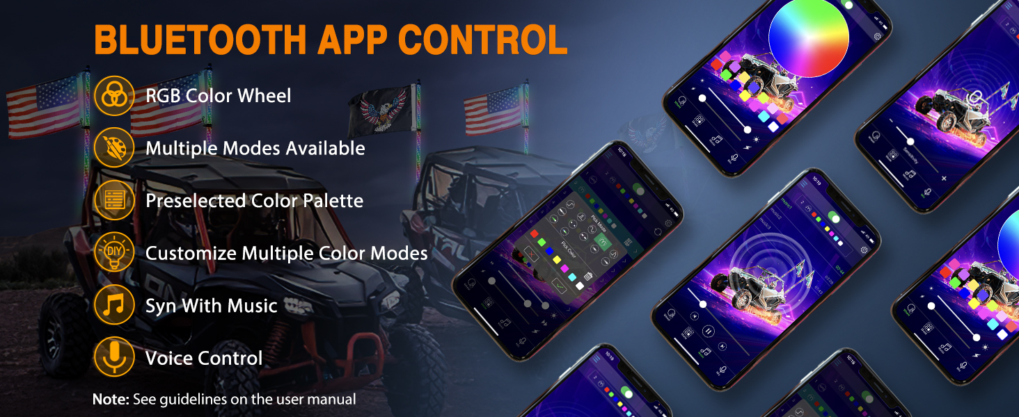 spiral RGB LED whip lights with bluetooth APP control