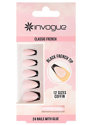 Invogue Black French Tip Coffin Nails (24 Pieces)