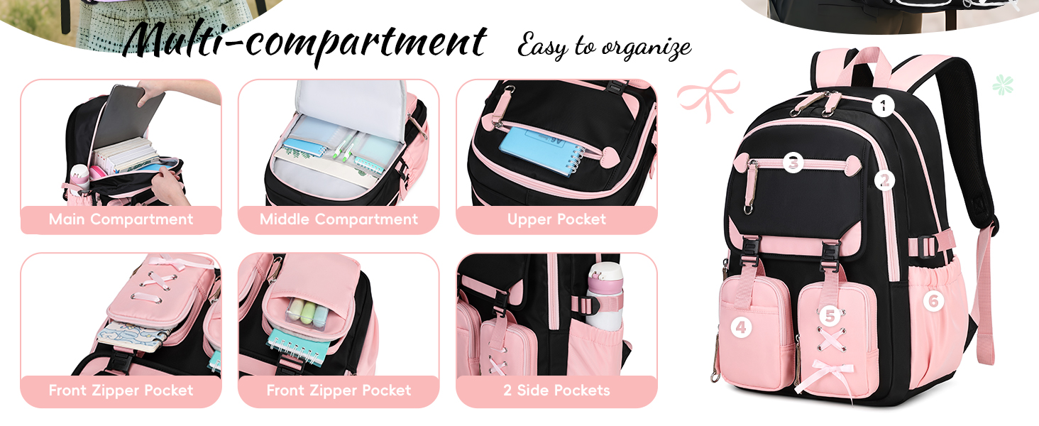 Sac à dos à compartiments multiples avec différentes options de rangement. Design noir et rose avec de multiples poches. Présente un rangement organisé pour les livres, les appareils électroniques et les accessoires. Souligne la facilité d'organisation.