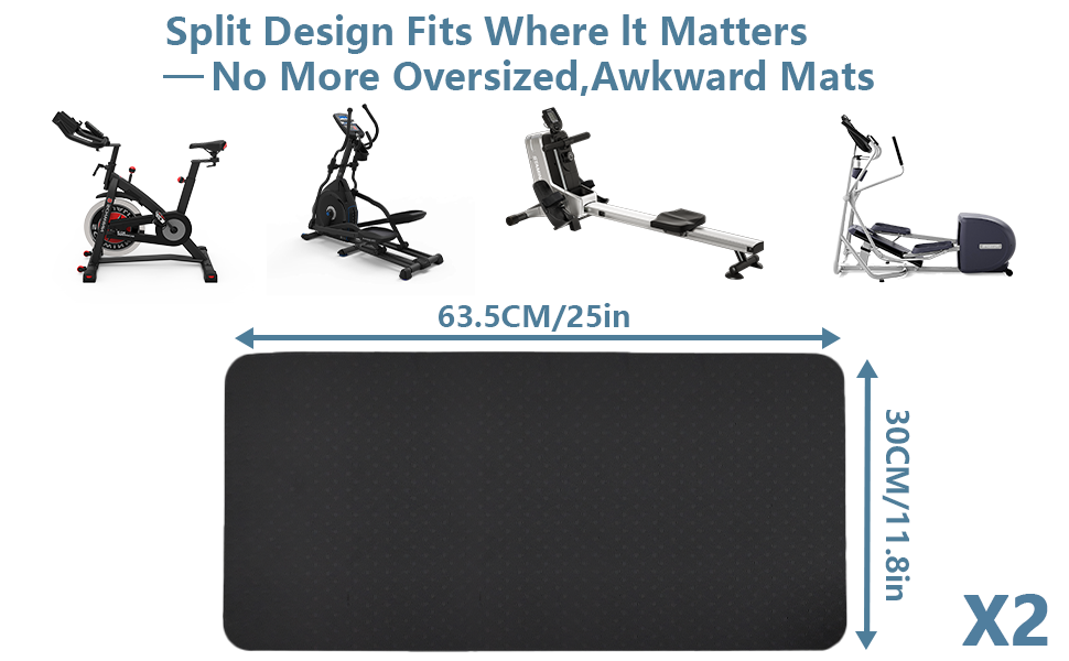Compact 25x11.8in mat set with split design, fits under bike, rower, or elliptical