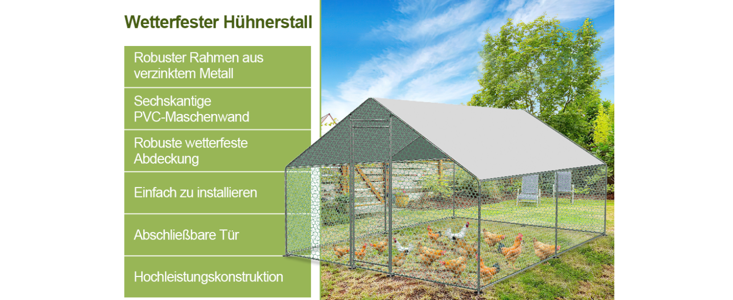 Große Gewächshauskonstruktion in einer Gartenanlage. Text auf Deutsch beschreibt Merkmale, was darauf hindeutet, dass es sich um einen witterungsbeständigen Hühnerstall oder handelt