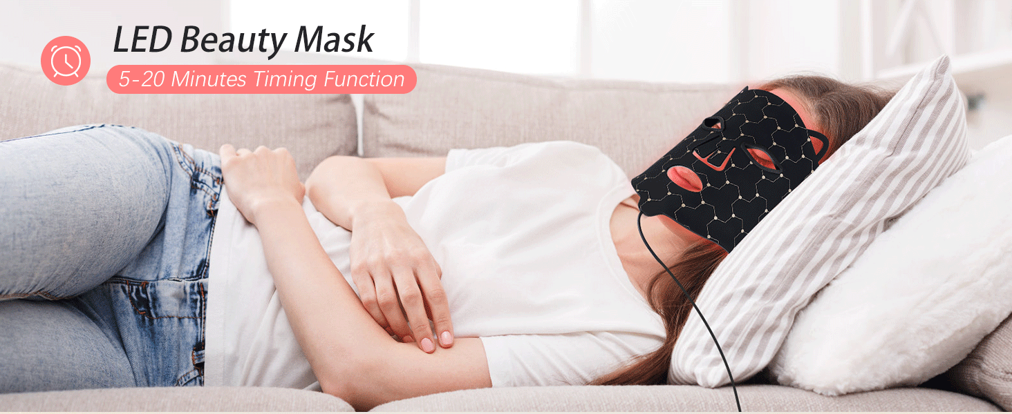 El texto dice «Máscara de belleza LED». El producto muestra a una persona con una máscara facial LED negra mientras está acostada sobre una superficie de color claro.