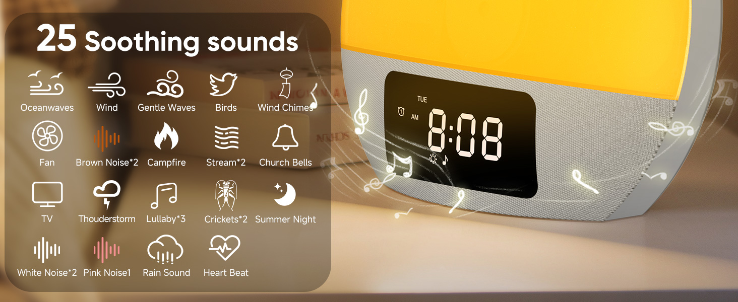 Digital alarm clock with soothing sounds feature. Display shows time as 8:08. Icons indicate 25 available sound options including nature, white noise, and lullabies.
