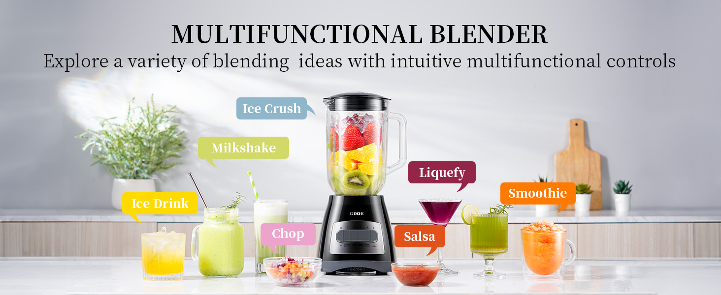 Multifunctional blender with glass jar, surrounded by various food items and drinks demonstrating its capabilities: ice crush, milkshake, smoothie, salsa, and more.