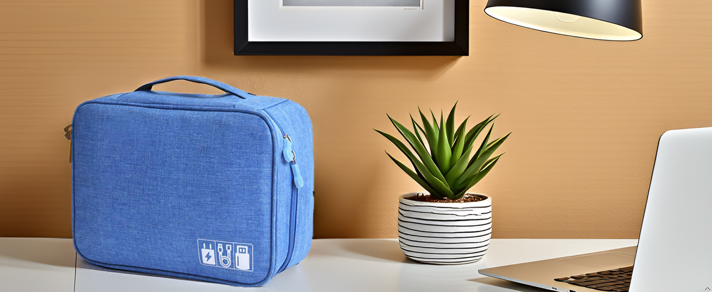 A product surrounded by various electronic accessories neatly organized on a wooden surface.