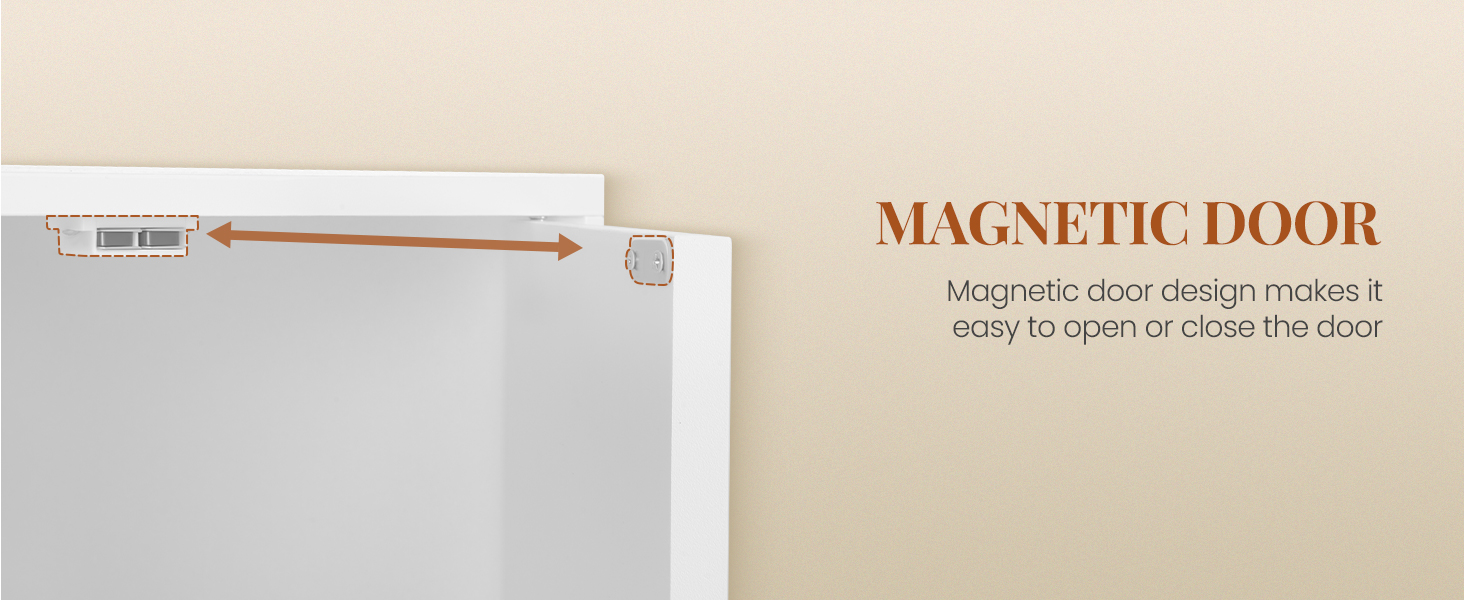 Magnetisches Türschließsystem mit Pfeilanzeigemechanismus. Der Text erklärt: „Das magnetische Türdesign erleichtert das Öffnen oder Schließen der Tür