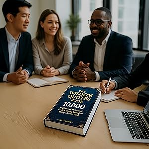 Team workshop around table with Wisdom Quotes Book in center