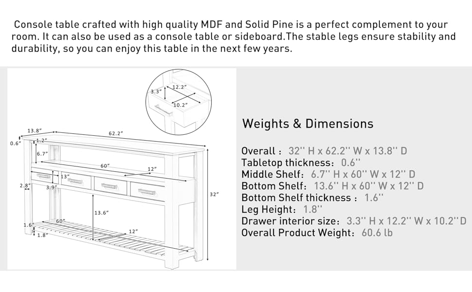 Knocbel Modern Sofa Console Table with 4 Storage Drawers