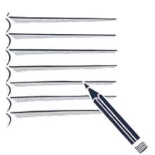 Blue ballpoint pen positioned at the bottom of a page with wavy-edged, lined paper. The pen is ready to write on the blank lines above it.