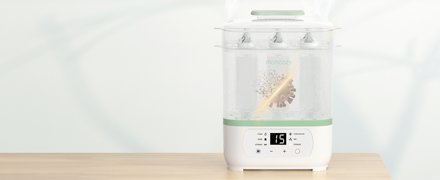 Gleiches weißes Sterilisator-/Luftbefeuchtergerät wie Bild 1, aus einem leicht anderen Blickwinkel dargestellt, mit transparentem Behälter und sichtbarem digitalen Anzeigefeld.