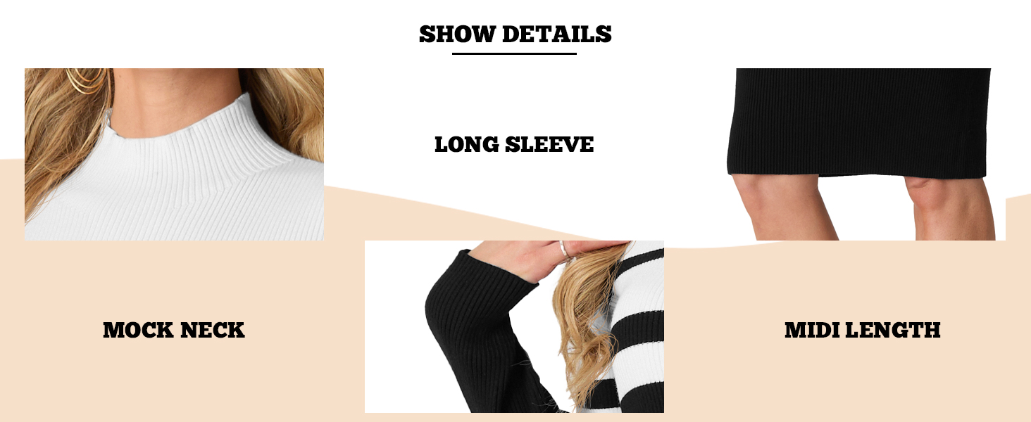 details of fall sewater dress: long sleeve, mock neck, ribbed knit, slim fit, bodycon, midi length