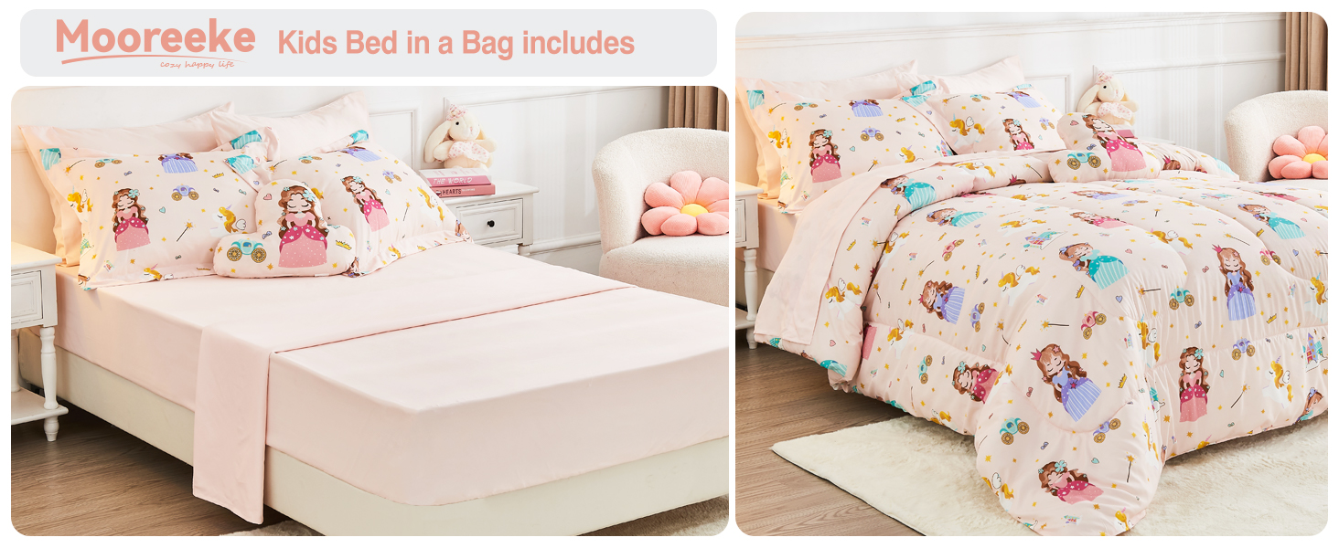 Mooreeke Bed in a Bag for Kids Girls Teens, 6 Pieces Twin