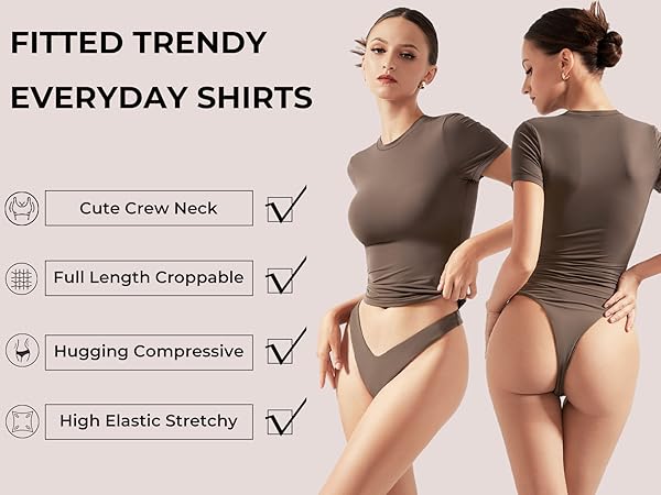 SUUKSESS Women Double Lined Fitted Basic Tee Crew Neck Short Sleeve Y2K Crop Top8