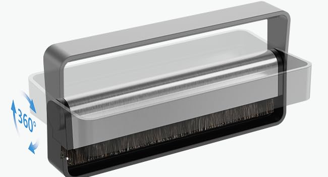 Record cleaning brush with 360-degree rotating handle, featuring gray metal frame and black bristle brush base.