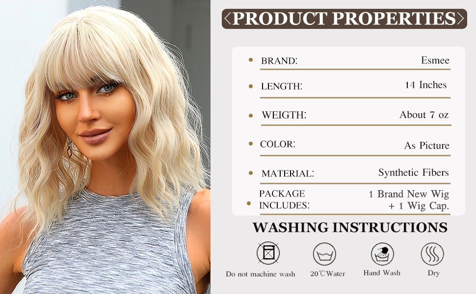 Esmee Short Wave Light Blonde Bob Wigs With Bangs