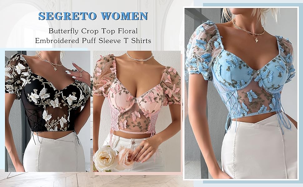 Segreto Women Butterfly Crop Top Floral Embroidered Puff
