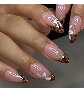 24Pcs French Tip Press on Nails Medium Almond Fake Nails with Designs Flower Glue on Nails Leopar...