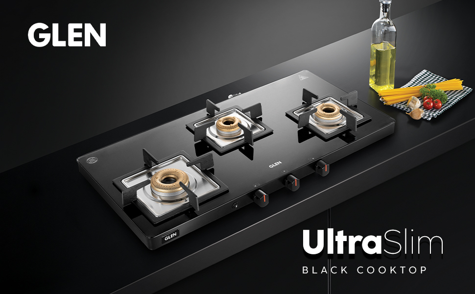 Glen 3 Burner Toughened Glass Top Ultra Slim LPG Gas StoveBlackHigh