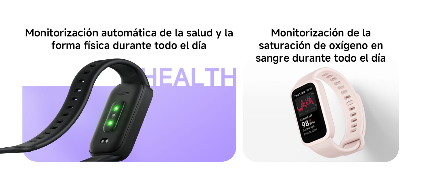 Imagen promocional dividida que muestra pantallas de dispositivos digitales con interfaces de seguimiento de actividad en fondos degradados morados y rosas.