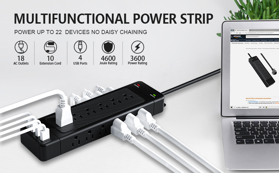 Power Bar,Surge Protector Power Bar with 18 Outlets and 4 USB Ports