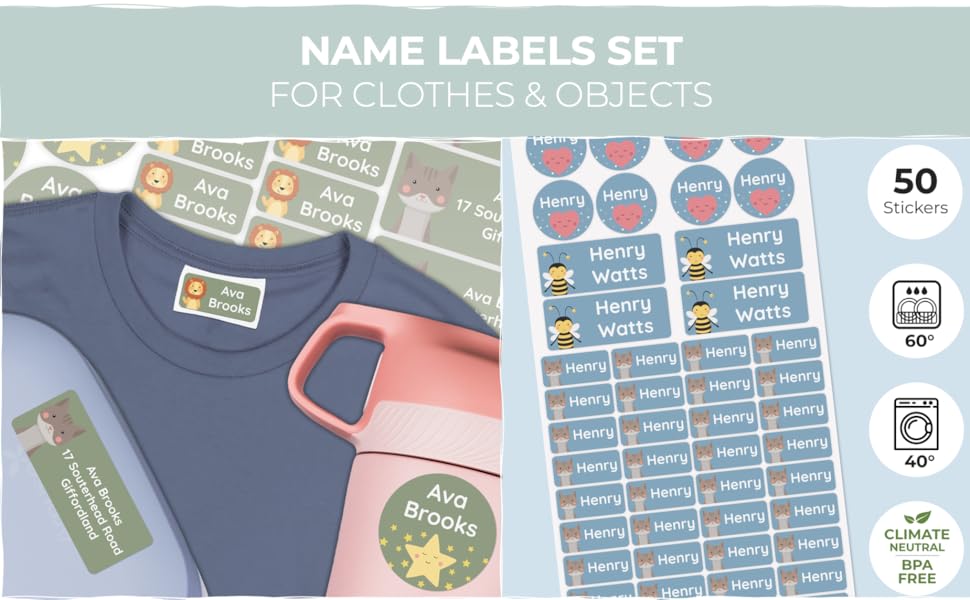 Name Labels Set for Daycare, Clothes & Items (50), NoIron