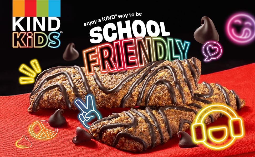 A closeup of KIND Kids bars and emojis with the words enjoy a KIND way to be school friendly
