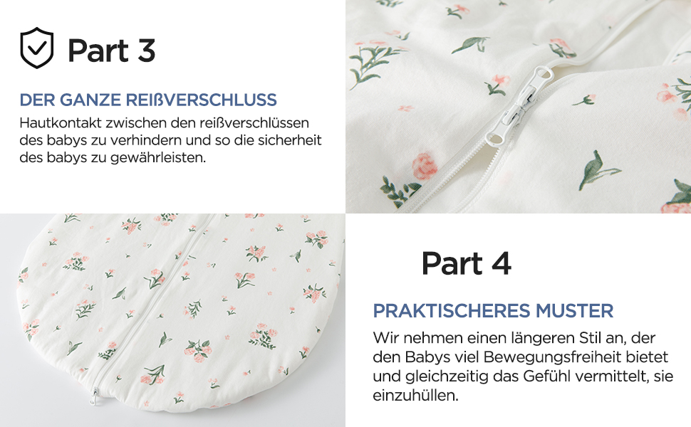 Floral patterned fabric material showing delicate pink flowers and green leaves on white background, with German text describing product features.