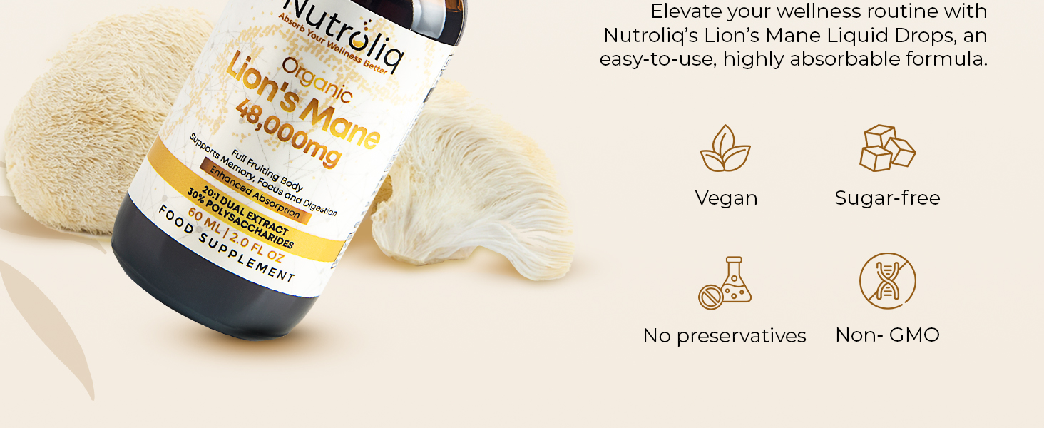 lion's mane liquid drops supplement vegan suger free no preservative non gmo kids adults men women