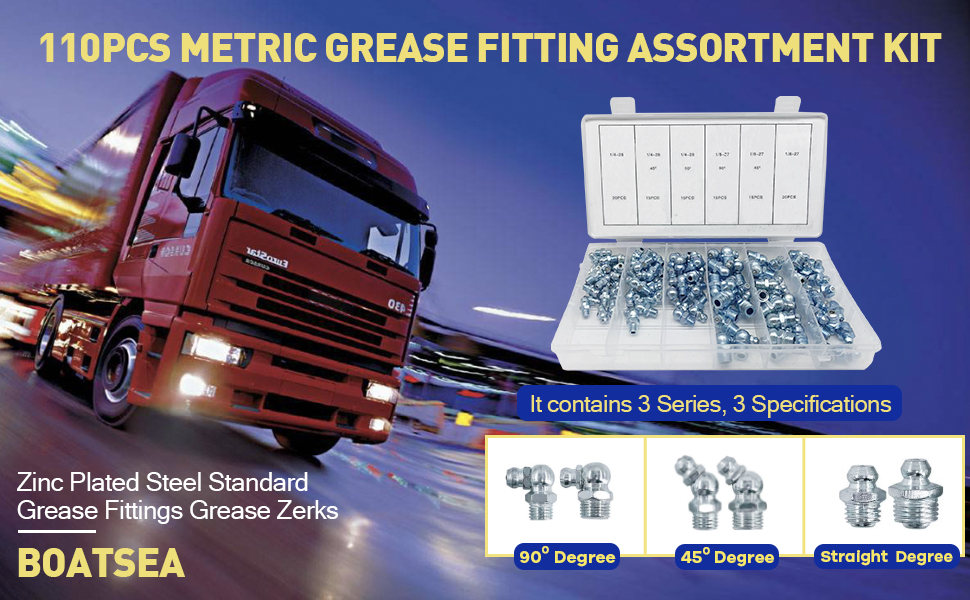Boatsea 110Pcs Grease Fitting Assortment Kit, Mertic