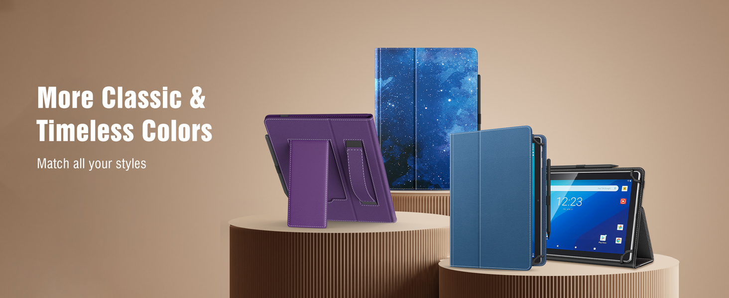 Tablet cases in purple, blue with starry pattern, and solid blue displayed on geometric platforms. Text reads 'More Classic & Timeless Colors'.