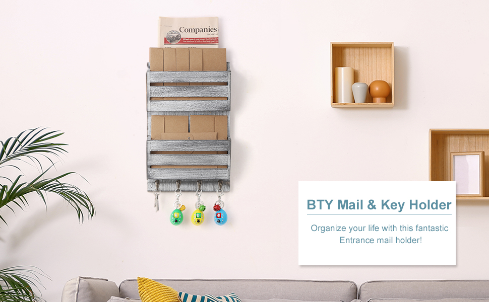 Mail Sorter Wall Mounted, Wooden Mail Holder with 4 Key