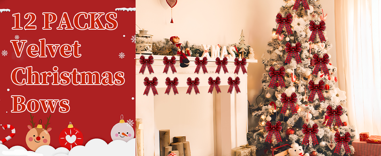 12 Pack Christmas Wreath Bow Buffalo Plaid Bows, Red and