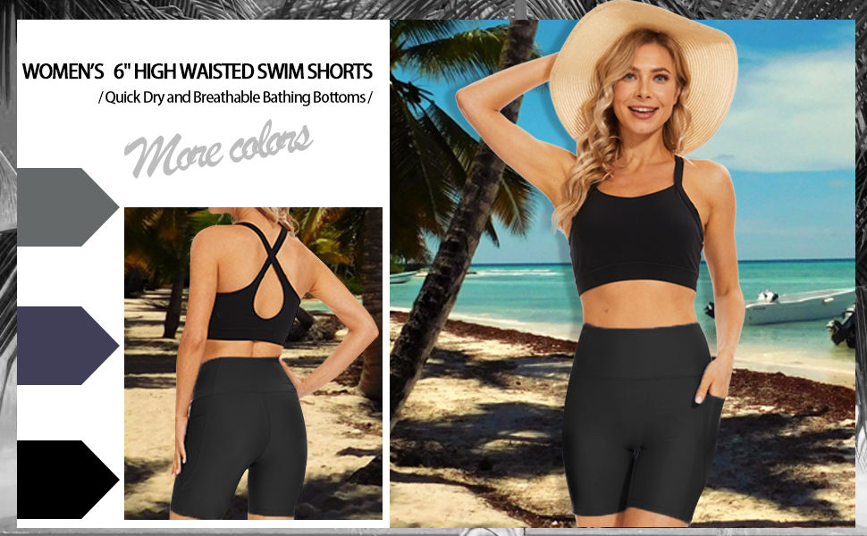 JENEARY Women's 6" Swim Shorts High Waisted Tummy Control Bathing