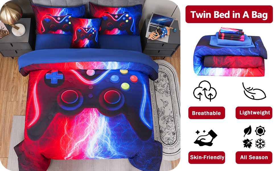 ASKOTU Gaming Twin Comforter Set with Sheets for Boys, 6 Pcs Bed in A Bag Twin Red